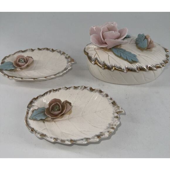 Porcelain Jewelry Trinket Dresser Box w/Lid & 2 Trays Arnart Creation Japan MCM - Picture 2 of 16